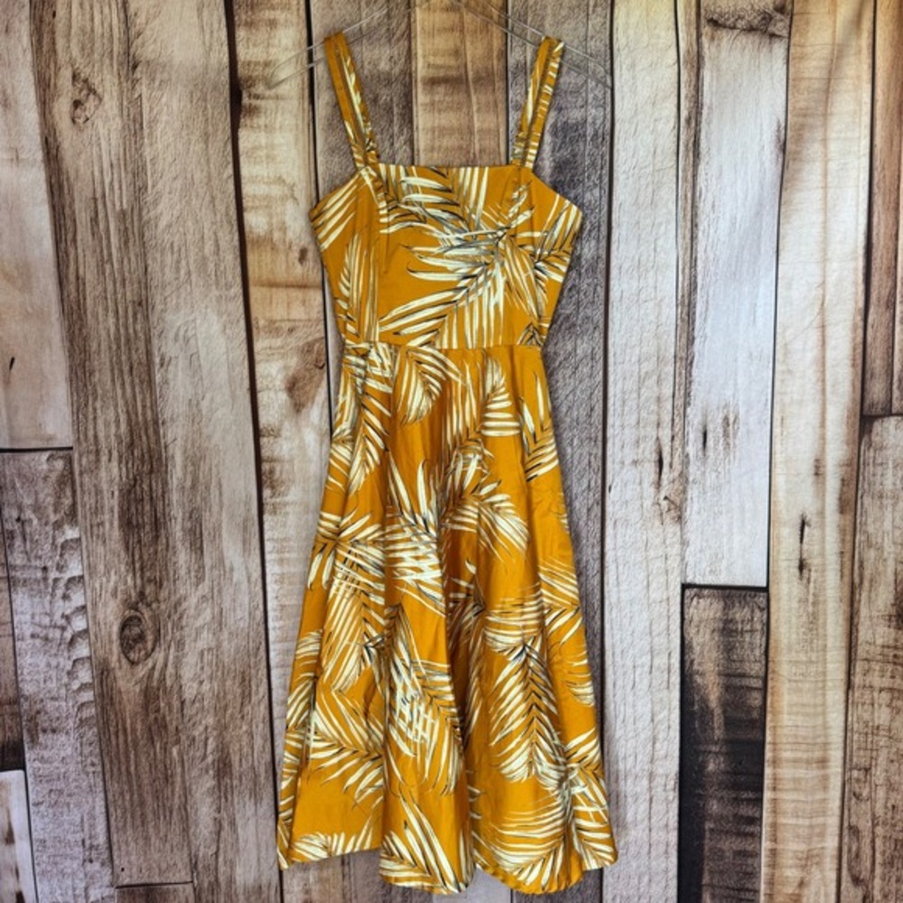 White House Black Market Mustard Yellow Palm-Print Midi Dress